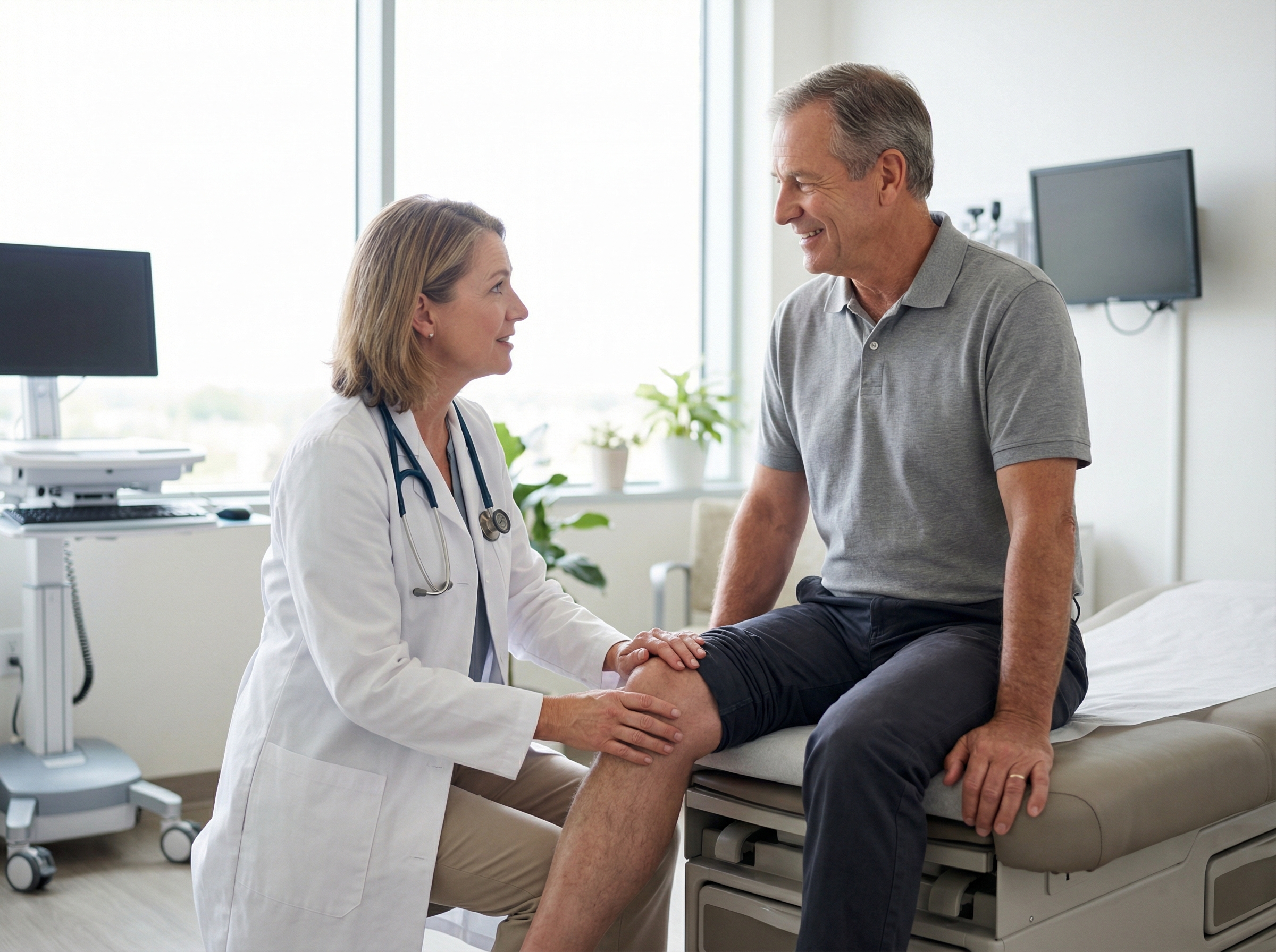 Physician examining a patient's knee in a modern clinic