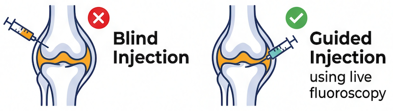 Comparison showing blind injection potentially missing joint space versus fluoroscopy-guided injection with precise needle placement