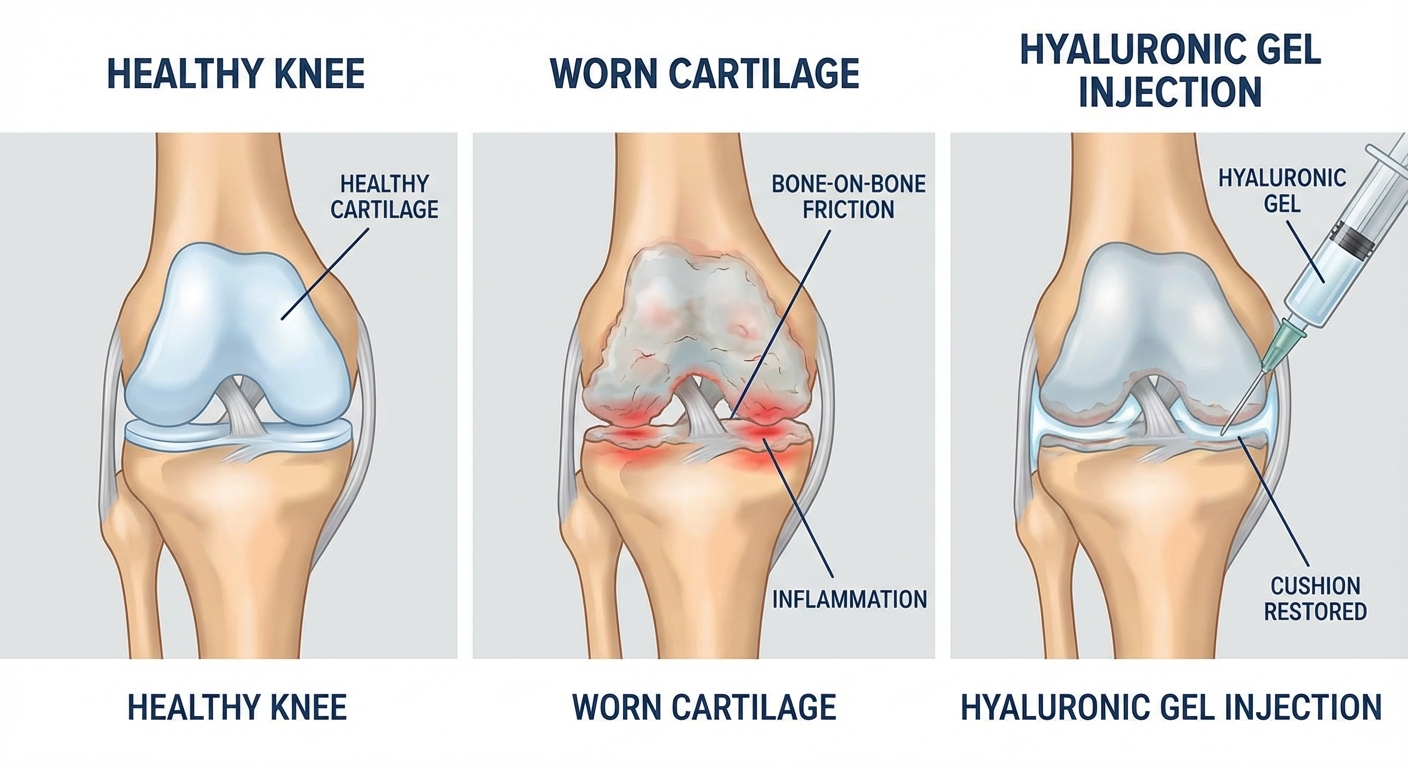 Treatment progression showing healthy knee, worn cartilage, and gel injection restoring cushion