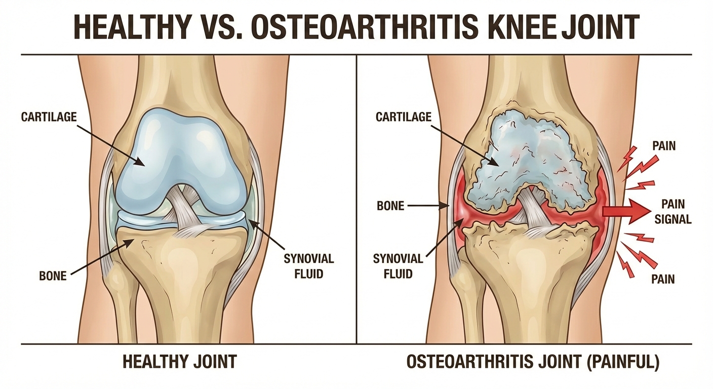 Comparison of healthy knee joint with cartilage and synovial fluid versus osteoarthritis knee joint showing pain and deterioration