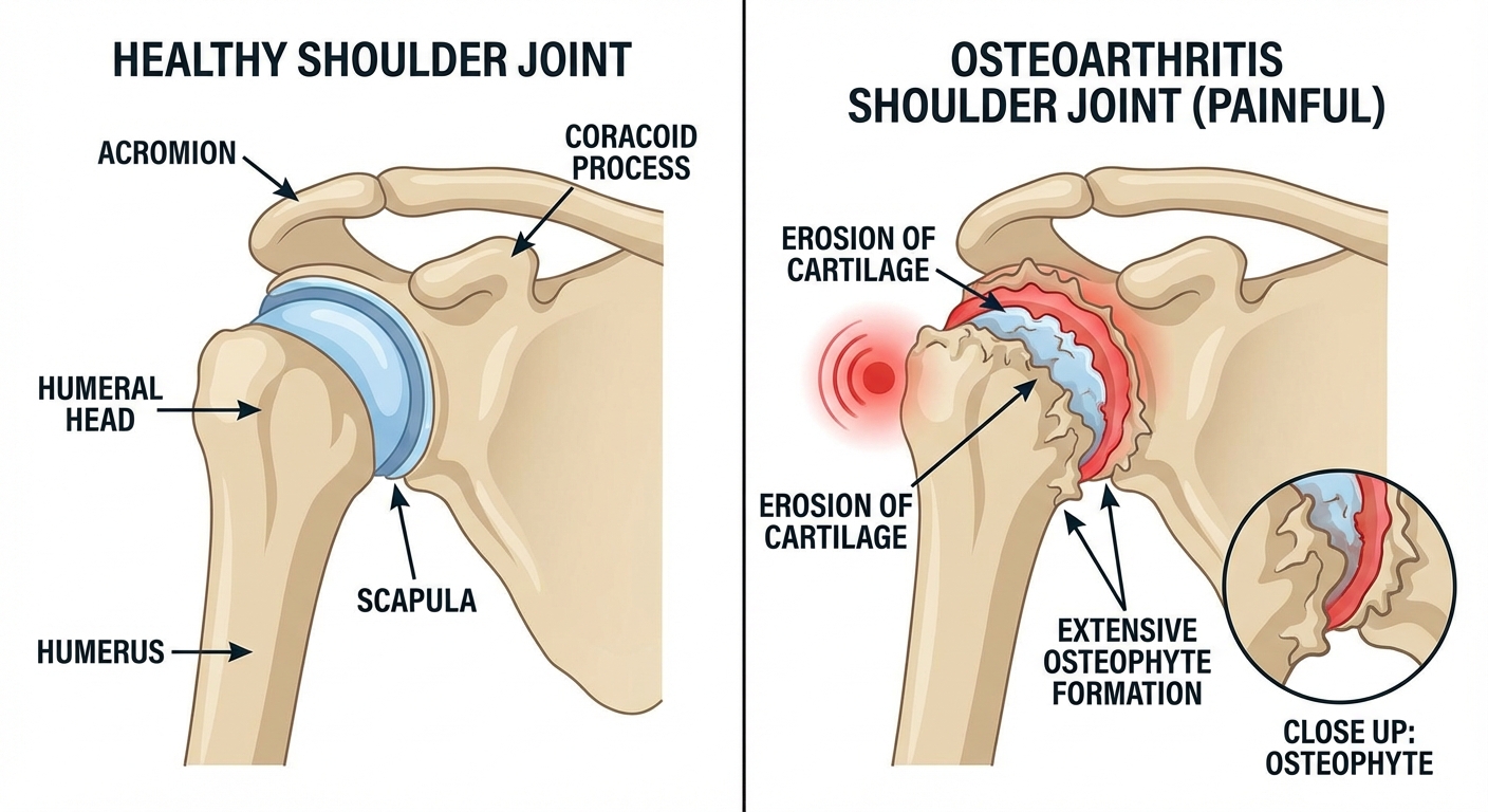 Comparison of healthy shoulder joint versus osteoarthritis shoulder joint showing cartilage erosion and osteophyte formation
