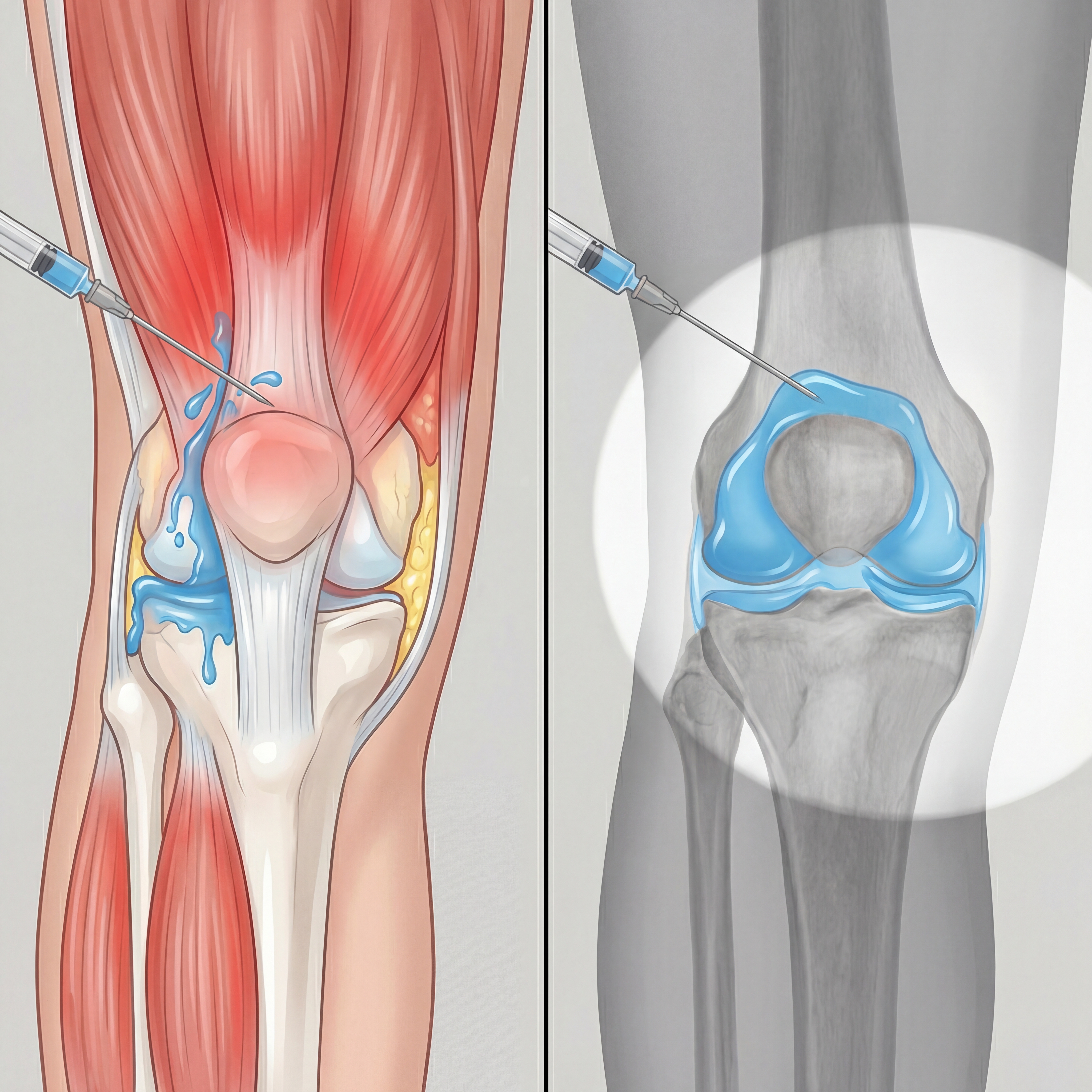 Fluoroscopy-guided knee injection showing precise needle placement