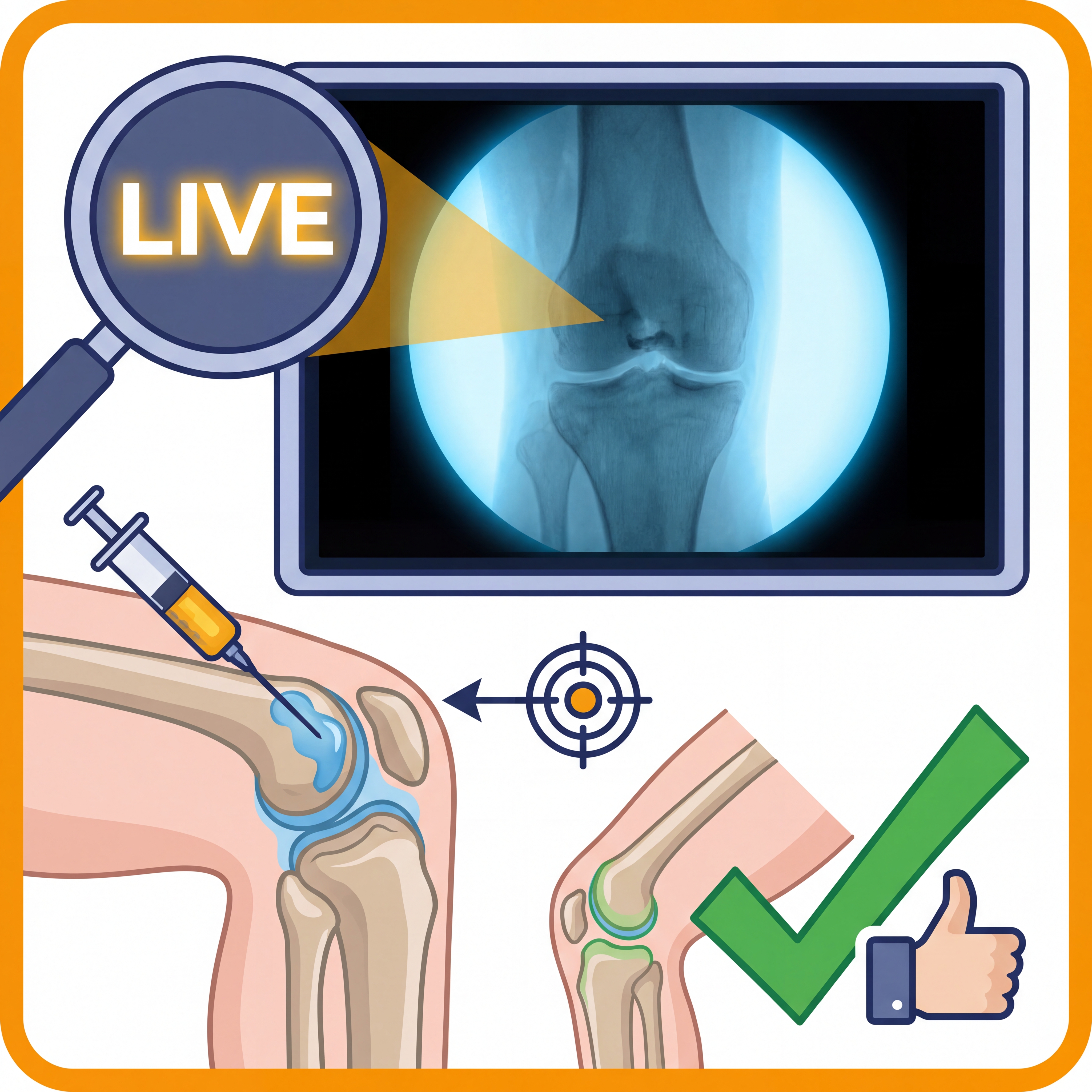 Live fluoroscopy imaging showing real-time X-ray guidance during knee injection with precise targeting