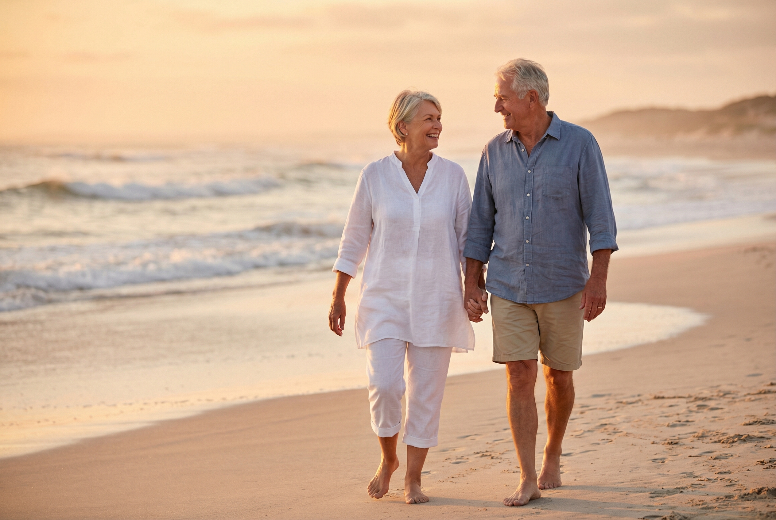 Happy senior couple walking on beach at sunset after avoiding knee surgery