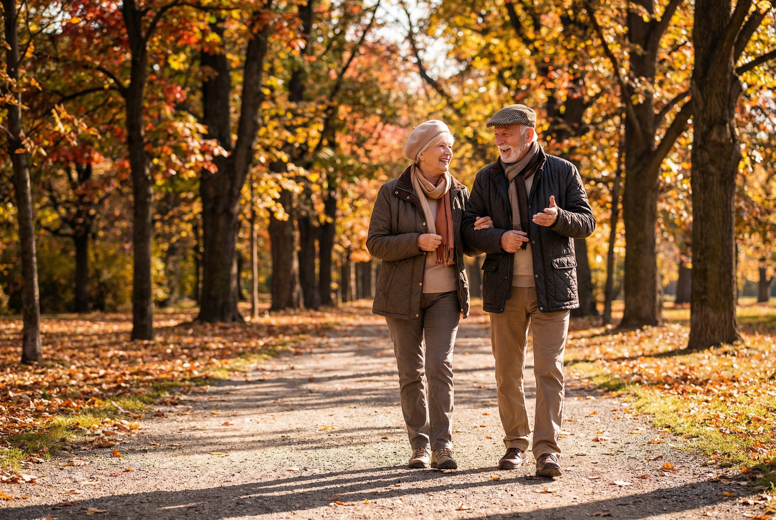 Senior couple enjoying walk in park after Medicare-covered knee treatment