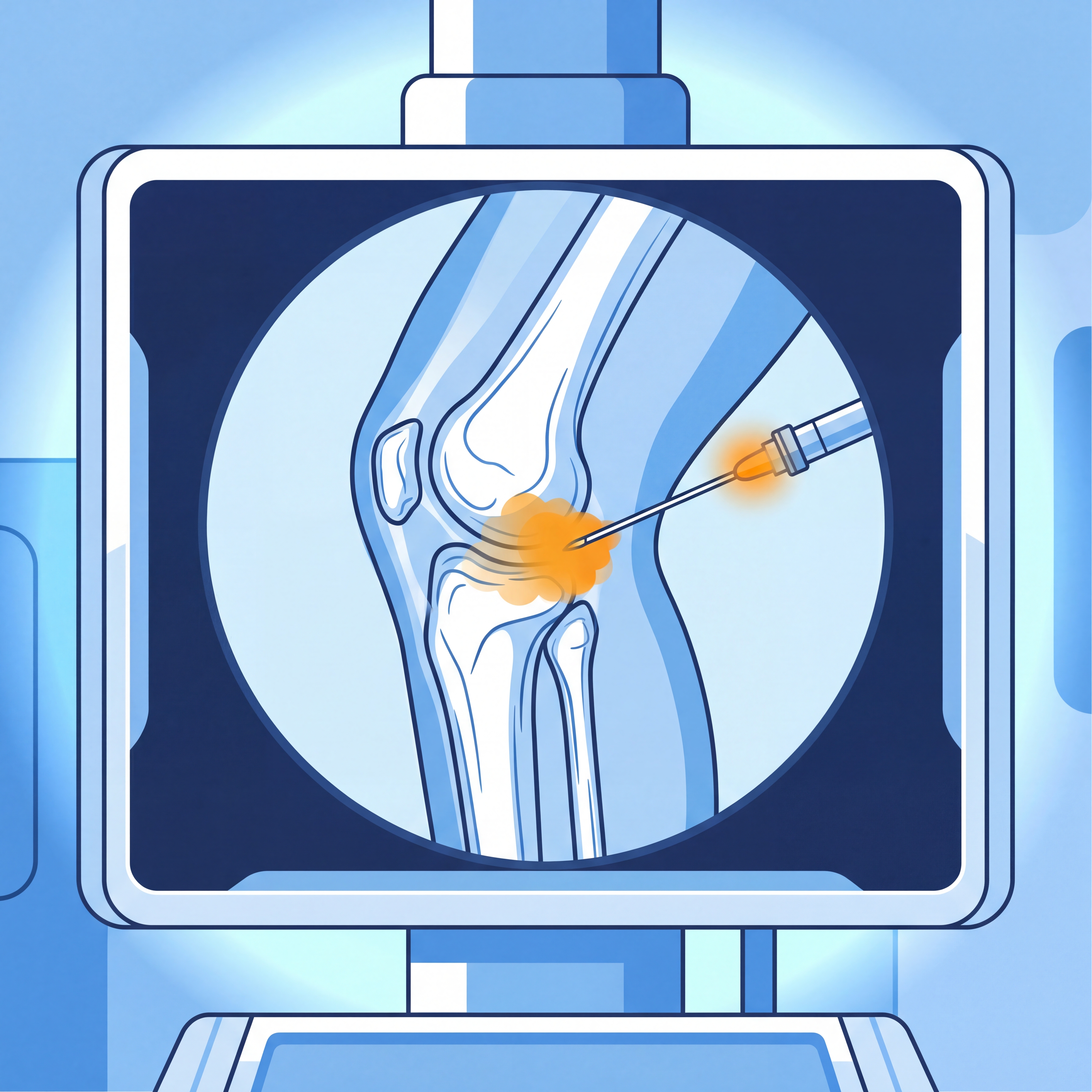 Fluoroscopy C-arm equipment showing live imaging for precise joint injection placement